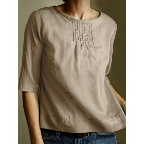 Half Sleeve Crew Neck Solid Casual Blouse