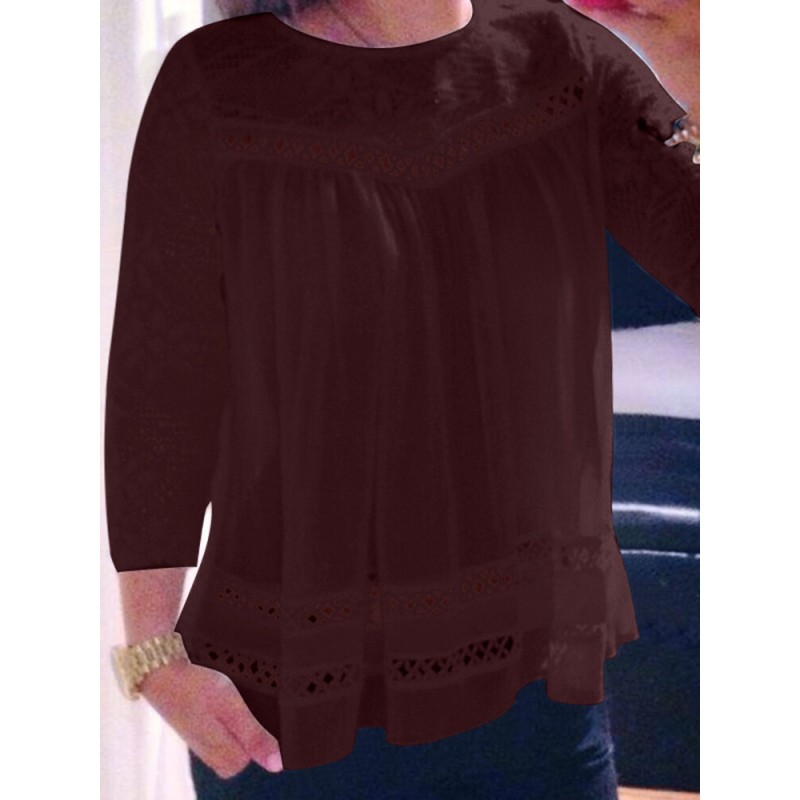 Lace Panel Hollow Crew Neck Blouse For Women