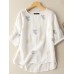 Leisure Embroidered Ruched Round Neck Short Sleeve Cotton Blouse