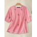 Leisure Embroidered Ruched Round Neck Short Sleeve Cotton Blouse