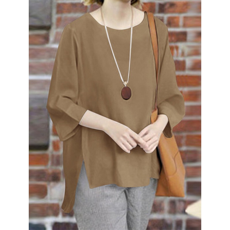 Leisure Solid Slit Hem Round Neck Casual Blouse