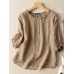 Lettuce Edge Crew Neck Solid Button 3/4 Sleeve Blouse