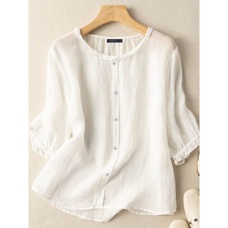 Lettuce Edge Crew Neck Solid Button 3/4 Sleeve Blouse