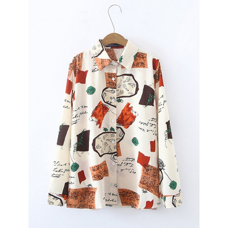 Paint Print Long Sleeve Lapel Button Women Shirt