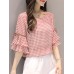 Plaid Knotted Patchwork Ruffle Sleeve Round Neck Blouse