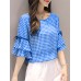 Plaid Knotted Patchwork Ruffle Sleeve Round Neck Blouse