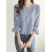 Plaid Ruffle Sleeve Round Neck Casual Blouse