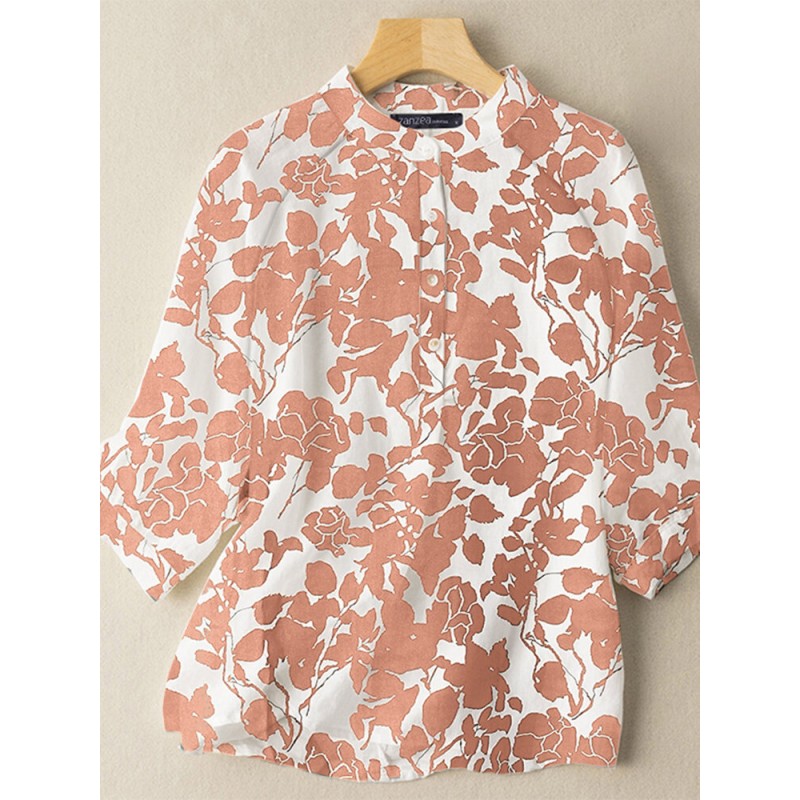 Plant Print Button Stand Collar Casual Blouse