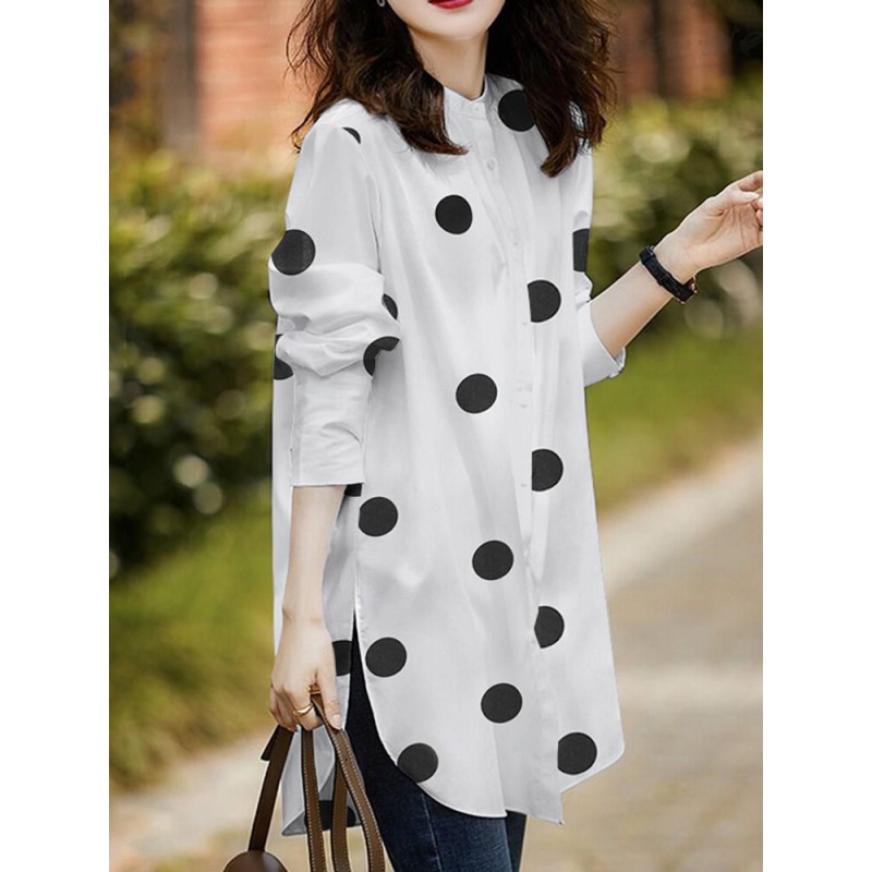 Polka Dot Button Split Long Sleeve Stand Collar Casual Shirt