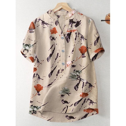 Random Flower Print Button Short Sleeve V-neck Blouse