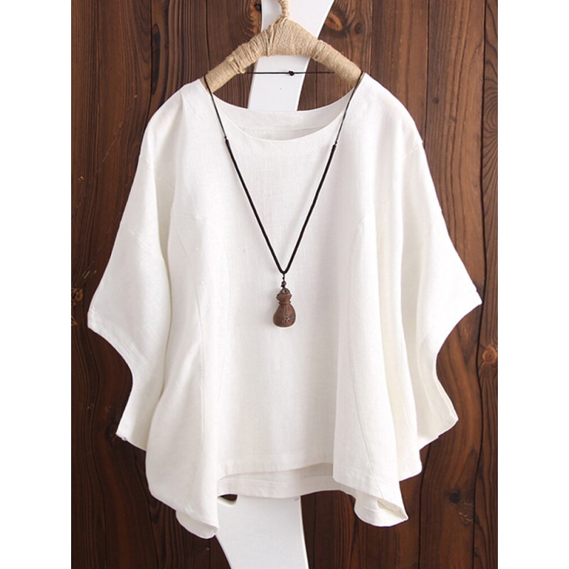 S-5XL Women Batwing Short Sleeve Solid Color Cotton Tee Blouse