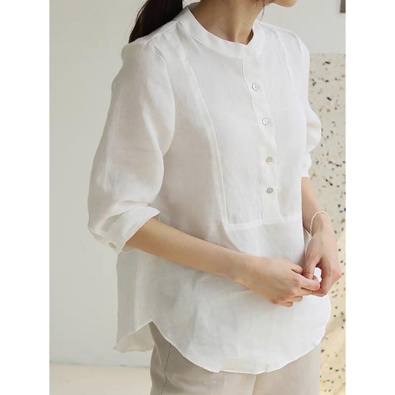 Solid Asymmetrical Stand Collar 3/4 Sleeve Button Blouse