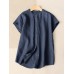 Solid Button Front Short Sleeve Stand Collar Blouse