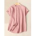 Solid Button Front Short Sleeve Stand Collar Blouse