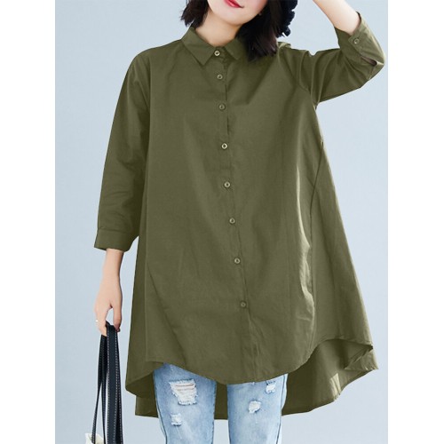 Solid Button High-Low Hem Lapel Loose Casual Shirt