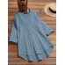 Solid Button Pocket High-Low Hem Casual Cotton Blouse