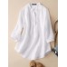 Solid Button Pocket High-Low Hem Casual Cotton Blouse