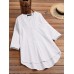 Solid Button Pocket High-Low Hem Casual Cotton Blouse