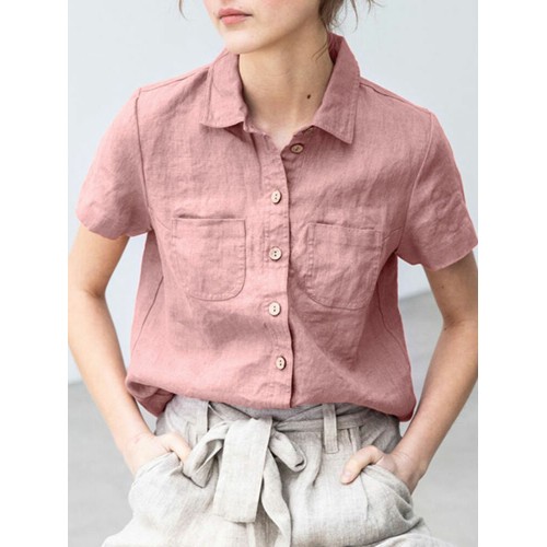 Solid Button Pocket Lapel Short Sleeve Casual Cotton Shirt