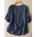 Solid Button Round Neck Casual Cotton Blouse