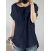 Solid Color Short Sleeve O-neck Cotton Blouse