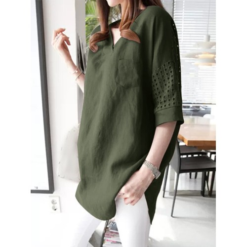 Solid Hollow Pocket V-neck Blouse For Women