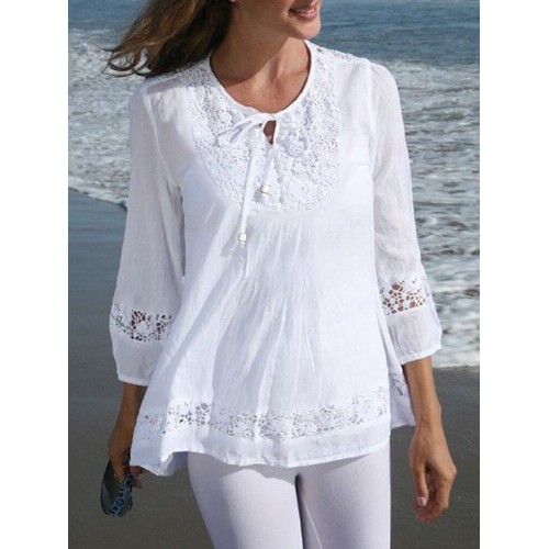 Solid Lace Splicing Knotted Hollow Out 3/4 Sleeve Blouse