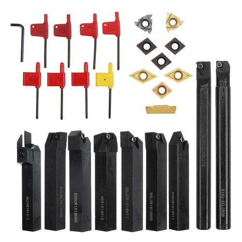 Drillpro 9pcs 16mm Shank Lathe Boring Bar Turning Tool Holder Set with Carbide Inserts