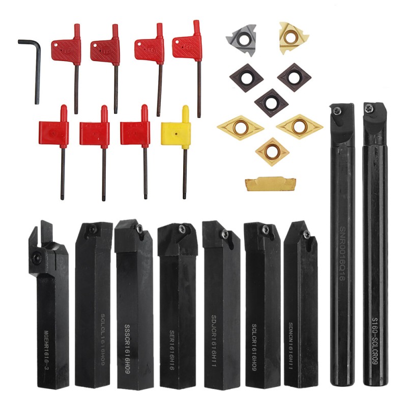 Drillpro 9pcs 16mm Shank Lathe Boring Bar Turning Tool Holder Set with Carbide Inserts