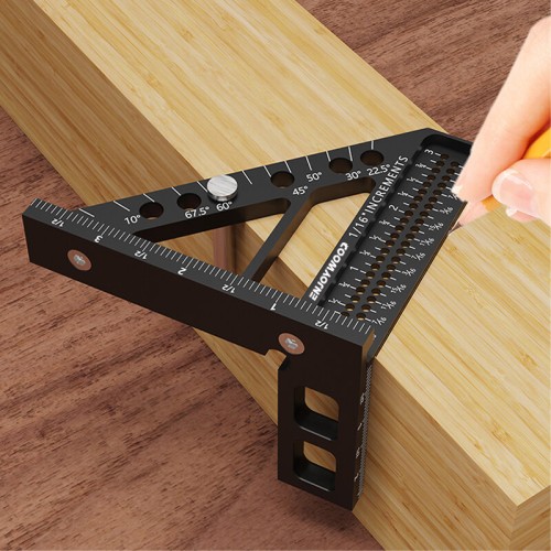 ENJOYWOOD 3D Multi-Angle Measuring Ruler Square Protractor Hole Positioning Inch/MM Imperial Metric Durable Aluminum Alloy T-Type Triangle Scriber Tool Ideal for Woodworking Measuring Angles 22.5/30/45/60/67.5/90 Degrees