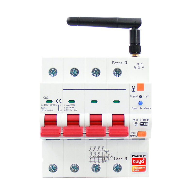Tuya Smart WiFi 2P/4P 63A Metering Leakage Circuit Breaker Timer Switch Voltage Current Protector APP Control