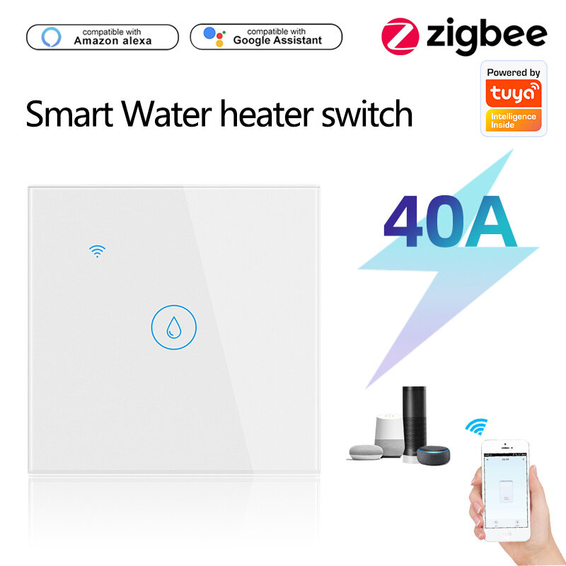 Tuya Zigbe 40A Smart Water Heater Switch EU Plug APP Remote Control Voice Timer Damp-proof Glass Panel Induction Touch Backlight Water Boiler Heater Support Alexa Google