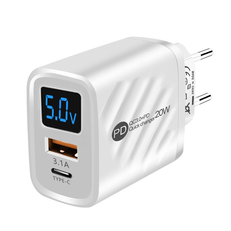 20W 2-Port USB PD Charger USB-A+Type-C PD QC3.0 2.0 AFC FCP Apple2.4A Fast Charging Wall Charger Adapter EU Plug for iPhone 15 14 13 for Huawei Mate60 Pro for Xiaomi 13pro for Samsung Galaxy Z Flip4