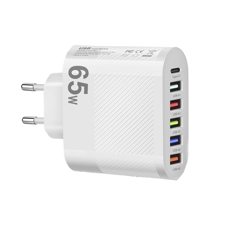 LYK-881 65W 6-Port  USB Charger 5USB-A+Type-C ast Charging Wall Charger Adapter EU Plug US Plug for iPhone 12 13 14 14 Pro for Samsung Galaxy S23 for Xiaomi13pro for Oppo Reno9