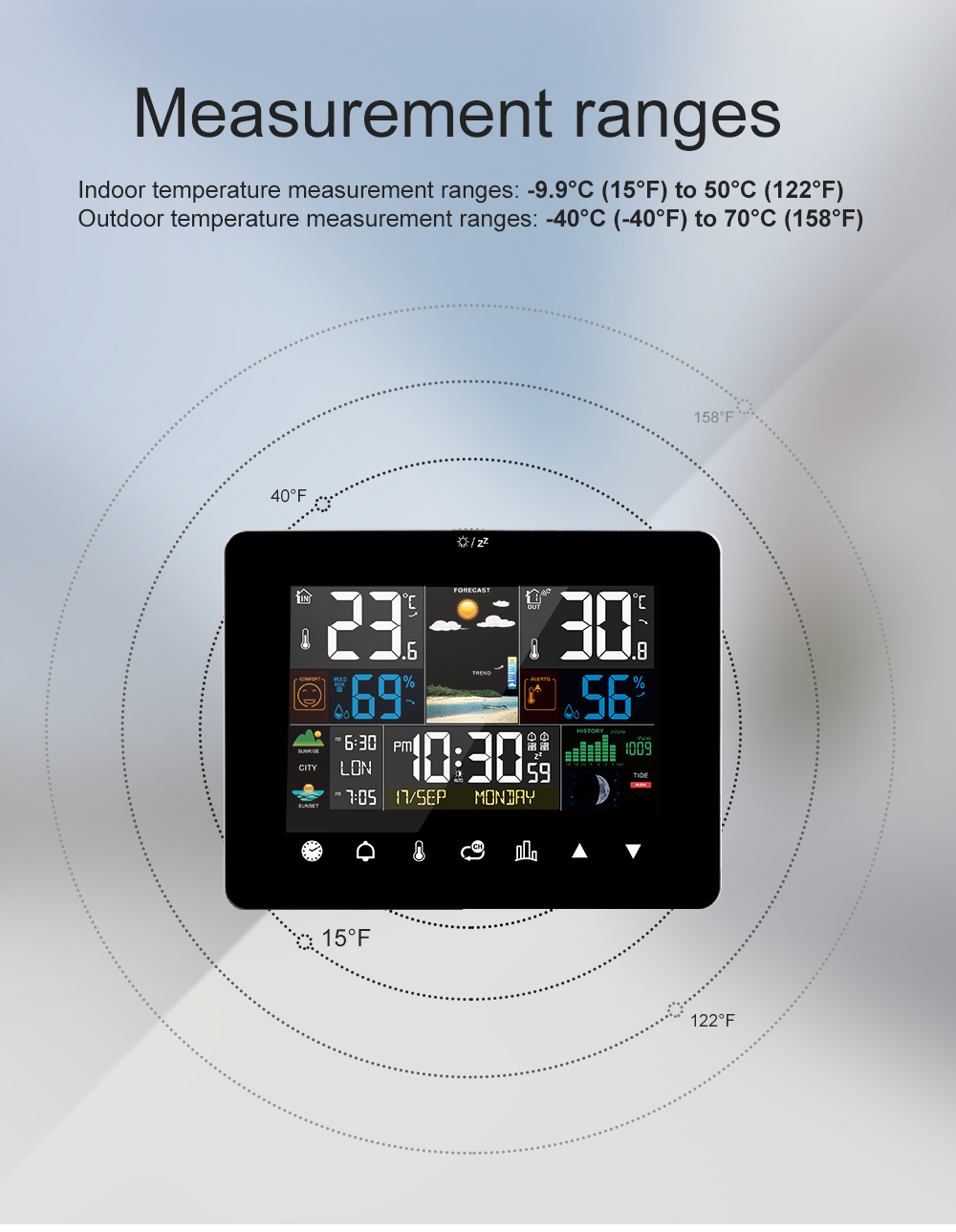 2022NewestFanJuWeatherStationTouchScreenWirelessIndoorOutdoorThermometerTableClockwithSunriseandSuns-1959240-6