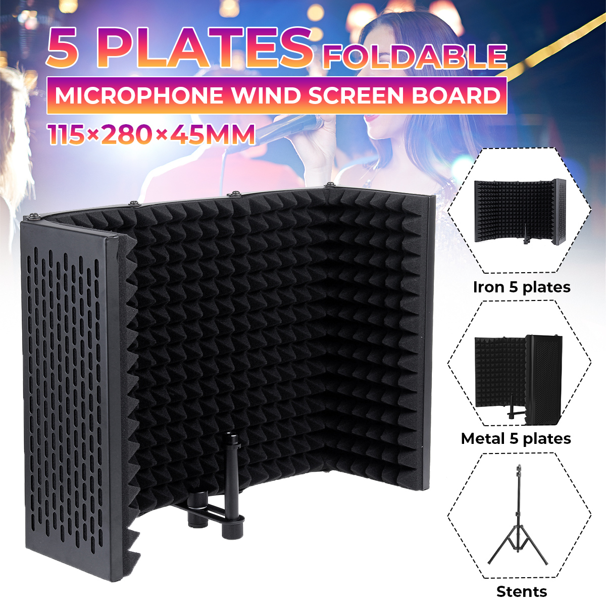 5PanelFoldableStudioMicrophoneIsolationShieldRecordingSoundAbsorberFoamPanelSupportBracket-1794721-1