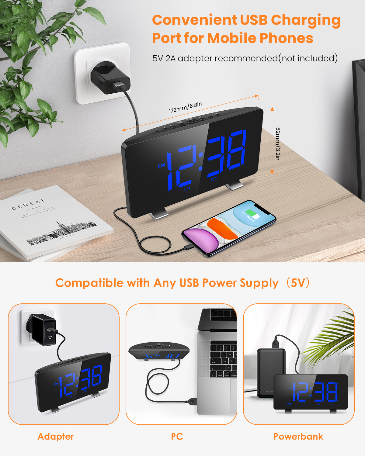 ELEGIANTDigitalAlarmClockforBedroomswithFMRadioDualAlarms67LEDScreenUSBPortforCharging4Brightness122-1635438-2