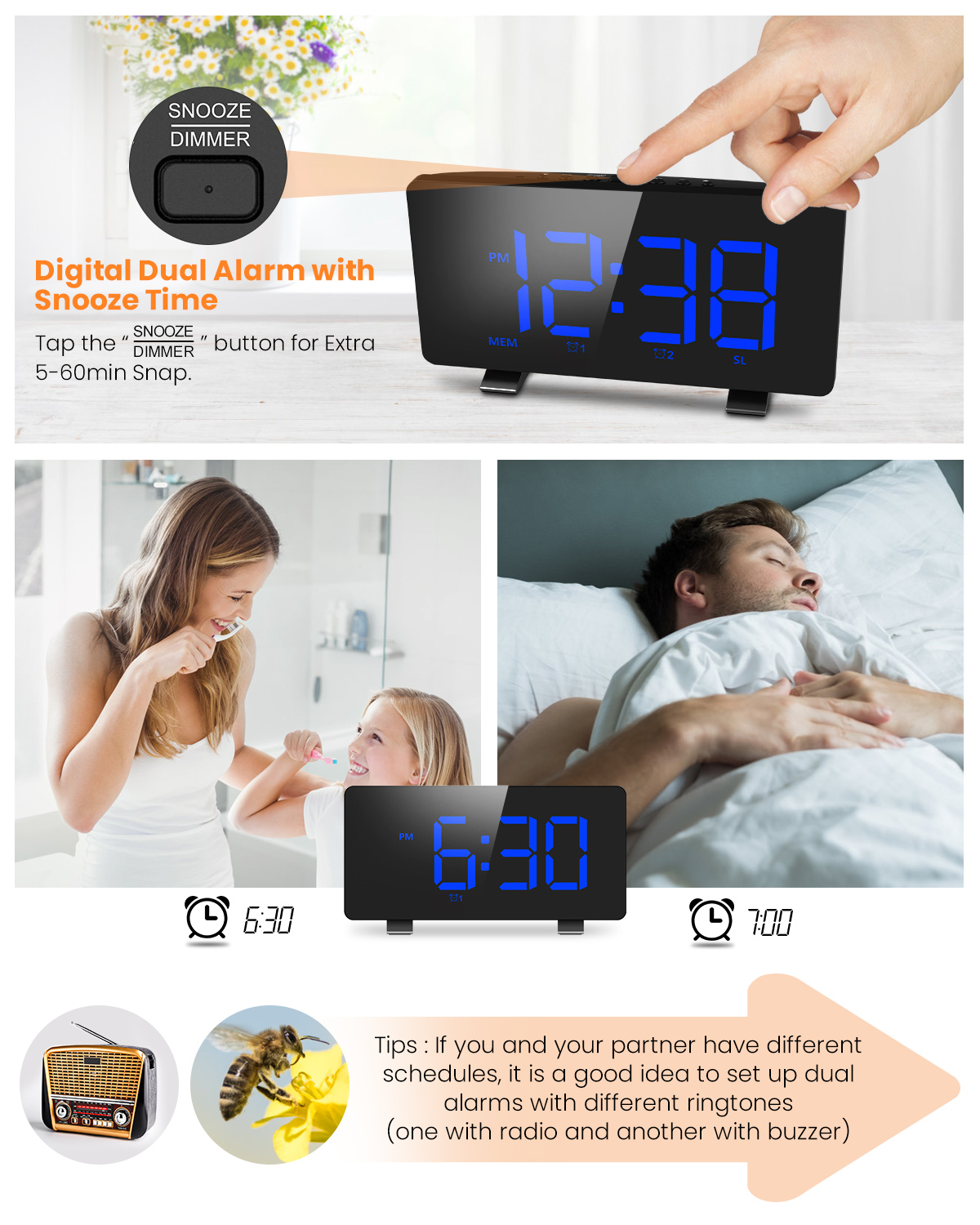 ELEGIANTDigitalAlarmClockforBedroomswithFMRadioDualAlarms67LEDScreenUSBPortforCharging4Brightness122-1635438-3