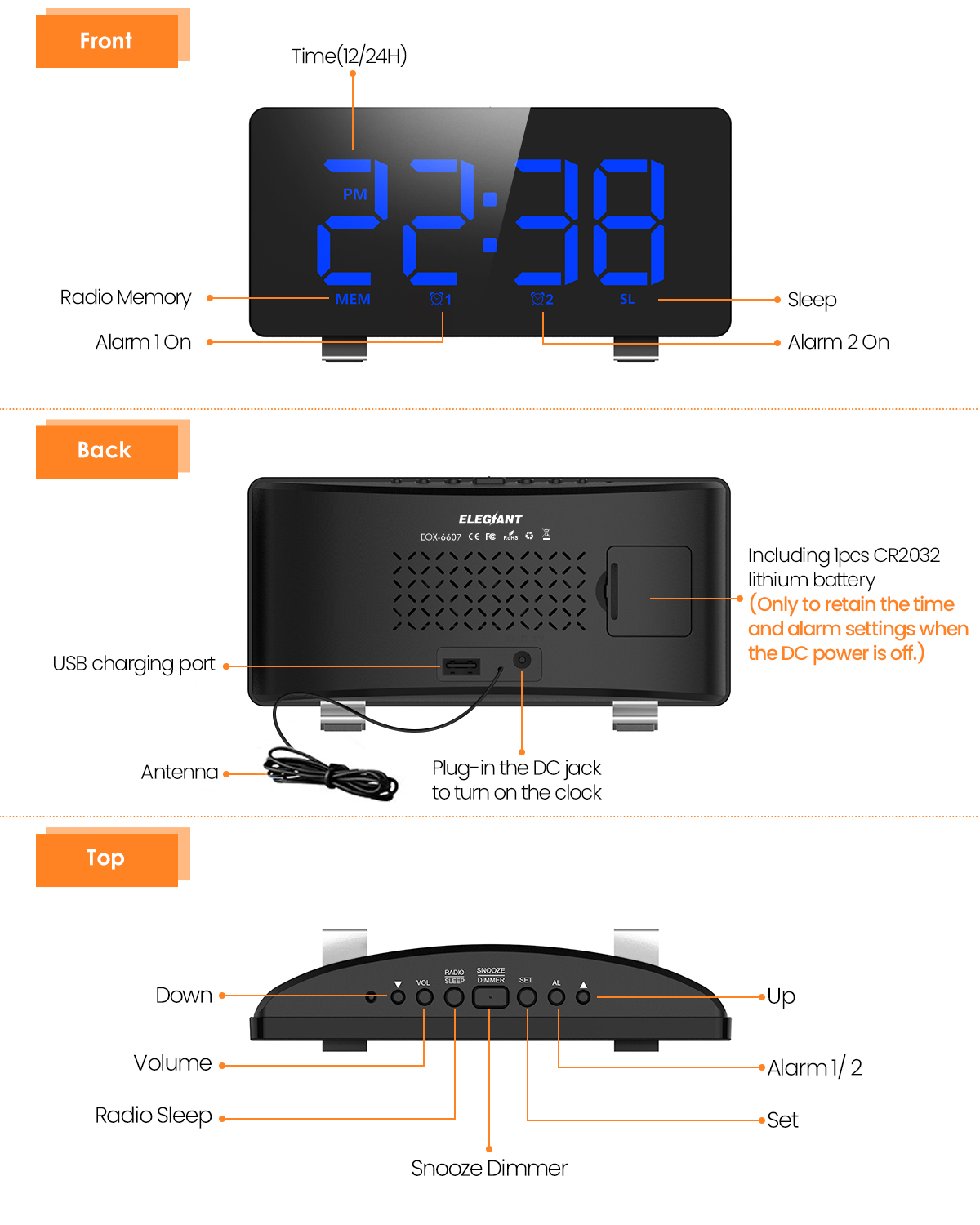 ELEGIANTDigitalAlarmClockforBedroomswithFMRadioDualAlarms67LEDScreenUSBPortforCharging4Brightness122-1635438-5