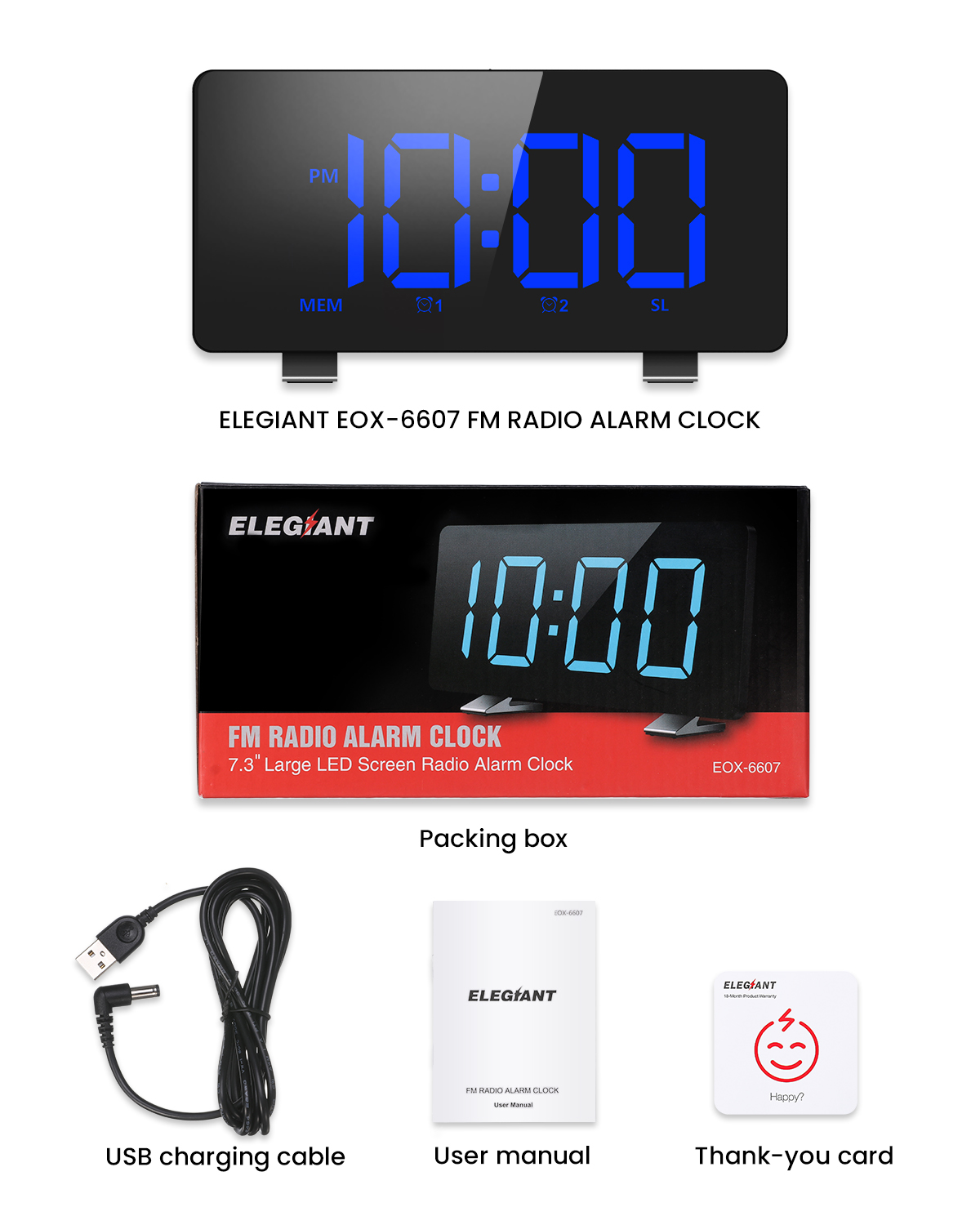 ELEGIANTDigitalAlarmClockforBedroomswithFMRadioDualAlarms67LEDScreenUSBPortforCharging4Brightness122-1635438-6