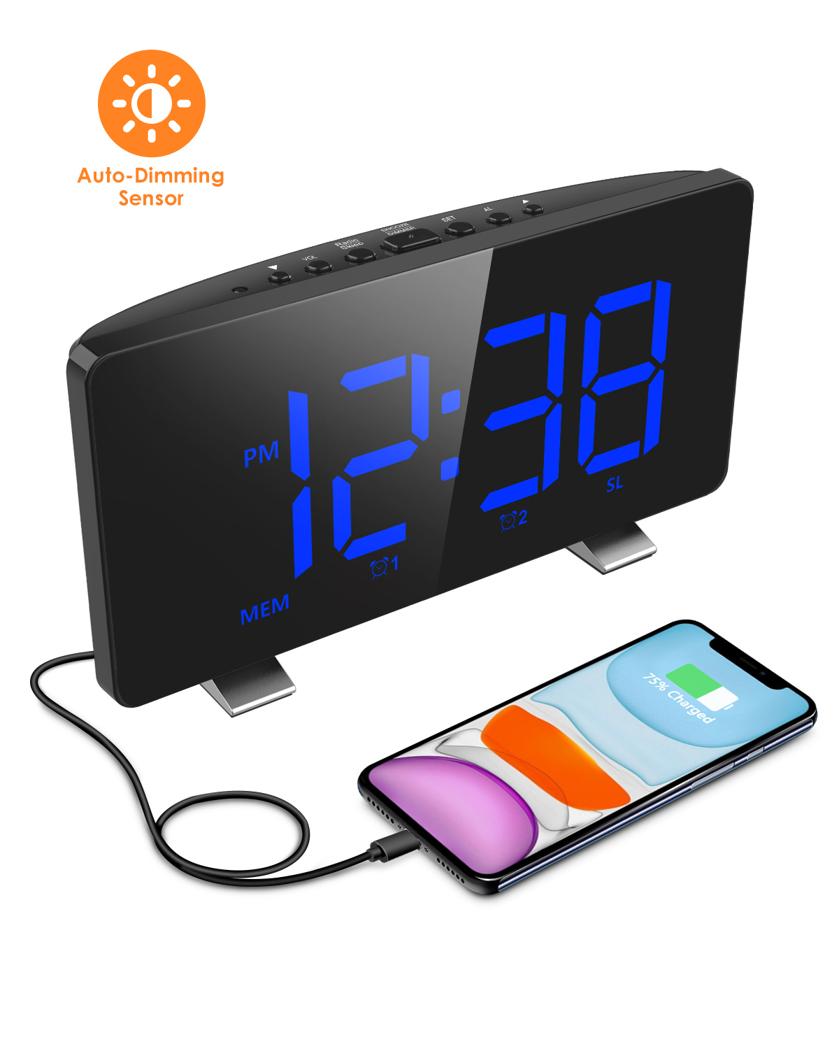 ELEGIANTDigitalAlarmClockforBedroomswithFMRadioDualAlarms67LEDScreenUSBPortforCharging4Brightness122-1635438-7