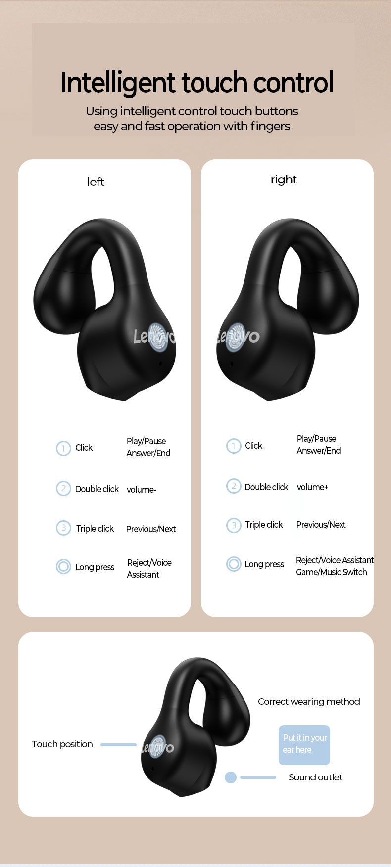 LenovoXT61TWSEarbudsbluetoothV53EarphoneSoftEarClip-onSports3DSoundLowLatencyGameModePortableHeadpho-1999062-12