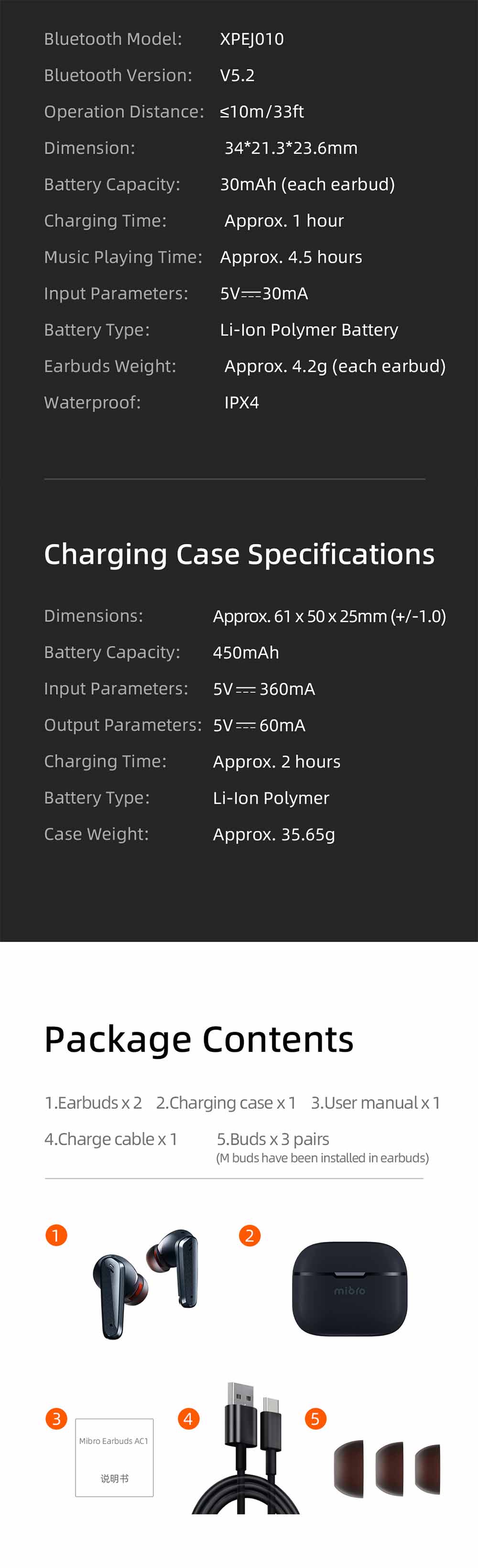 MibroAC1TWSbluetooth52Earphone10mmCompositeSpeakerANCENCNoiseCancelling450mAhBatteryIPX4WaterproofSp-1991120-2