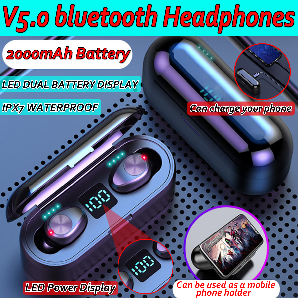 MiniTWSEarphoneWirelessbluetooth50EarbudsLEDDisplay2000mAhPowerBankIPX7WaterproofHeadphonewithMic-1591050-1