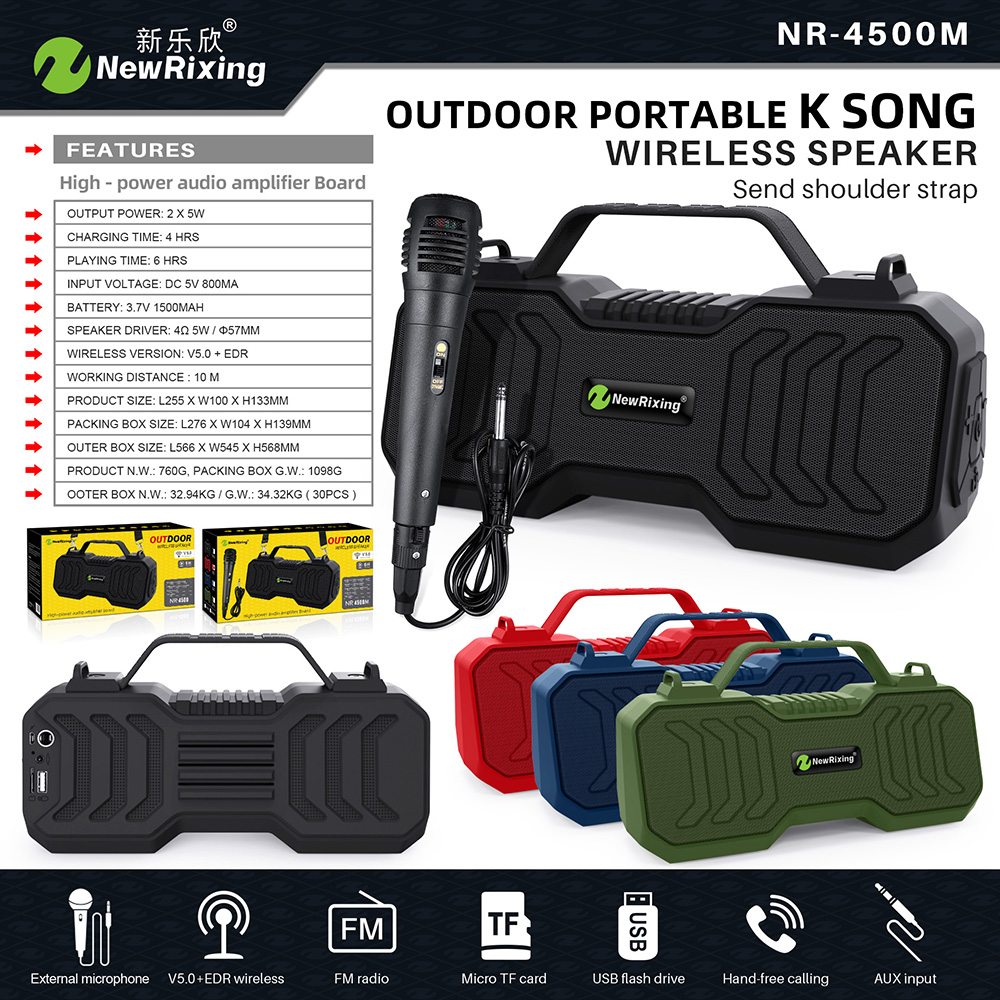 NewRixingNR-4500MwithExtemalMicrophoneWirelessbluetoothSpeakerPortableTWSDualMachineinParallelMiniVa-1772926-9