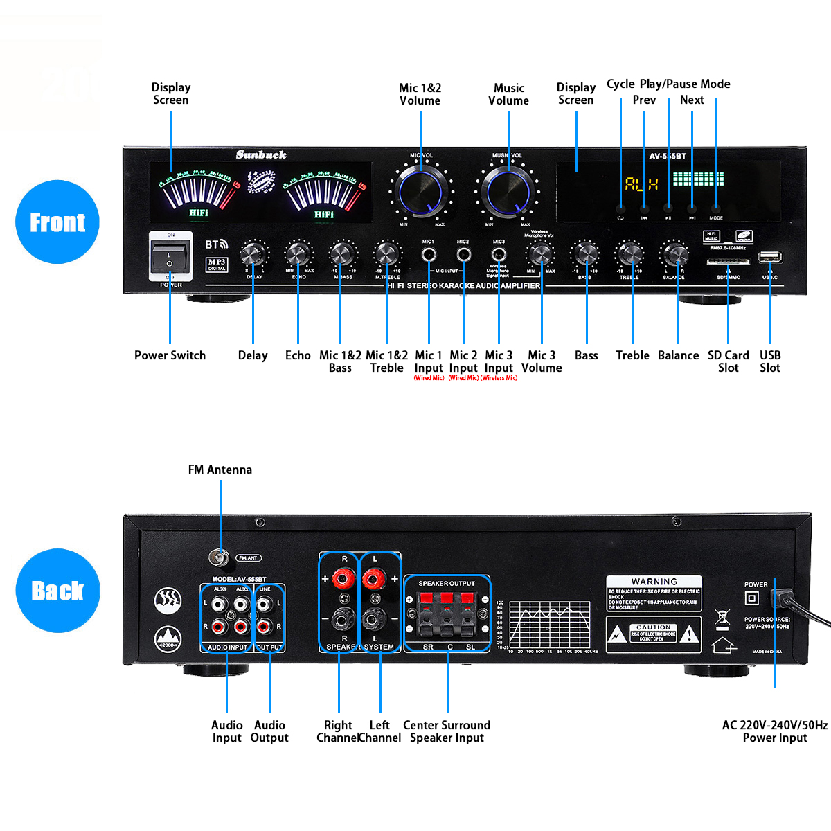 SUNBUCKAV555BT4000W5CHHomeAmplifiersBassAudioPowerbluetoothDigitalAmplifierHifiFMUSBSDforSubwooferSp-1951795-10