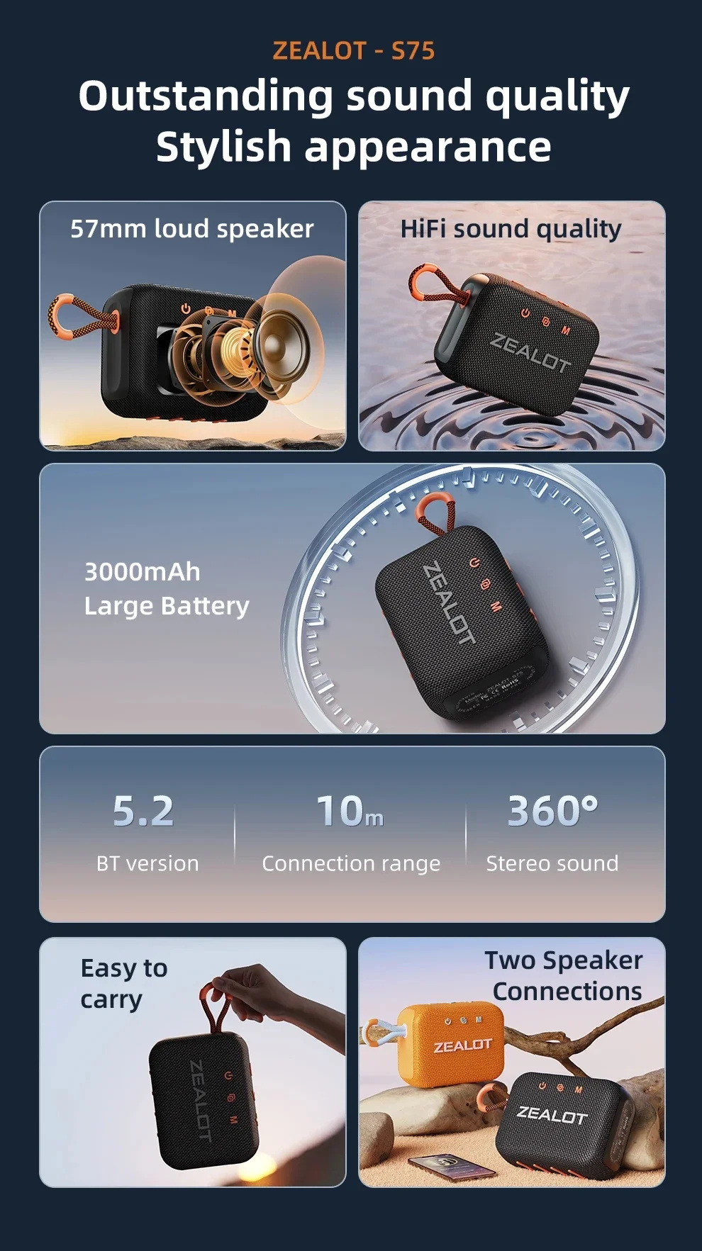 ZealotS7510WbluetoothSpeakerPortableSpeaker57mmLoudDriverHiFiStereo3000mAhBatterySupportTFCardTWSIPX-2008305-2
