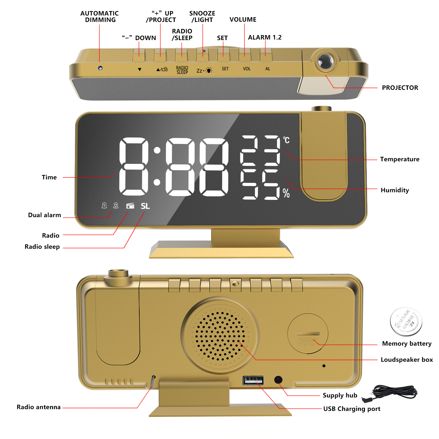 AGSIVO74LEDDigitalProjectionAlarmClockWithFMRadioRotatingProjectorMirrorSurfaceTemperatureDisplayHum-1998467-7