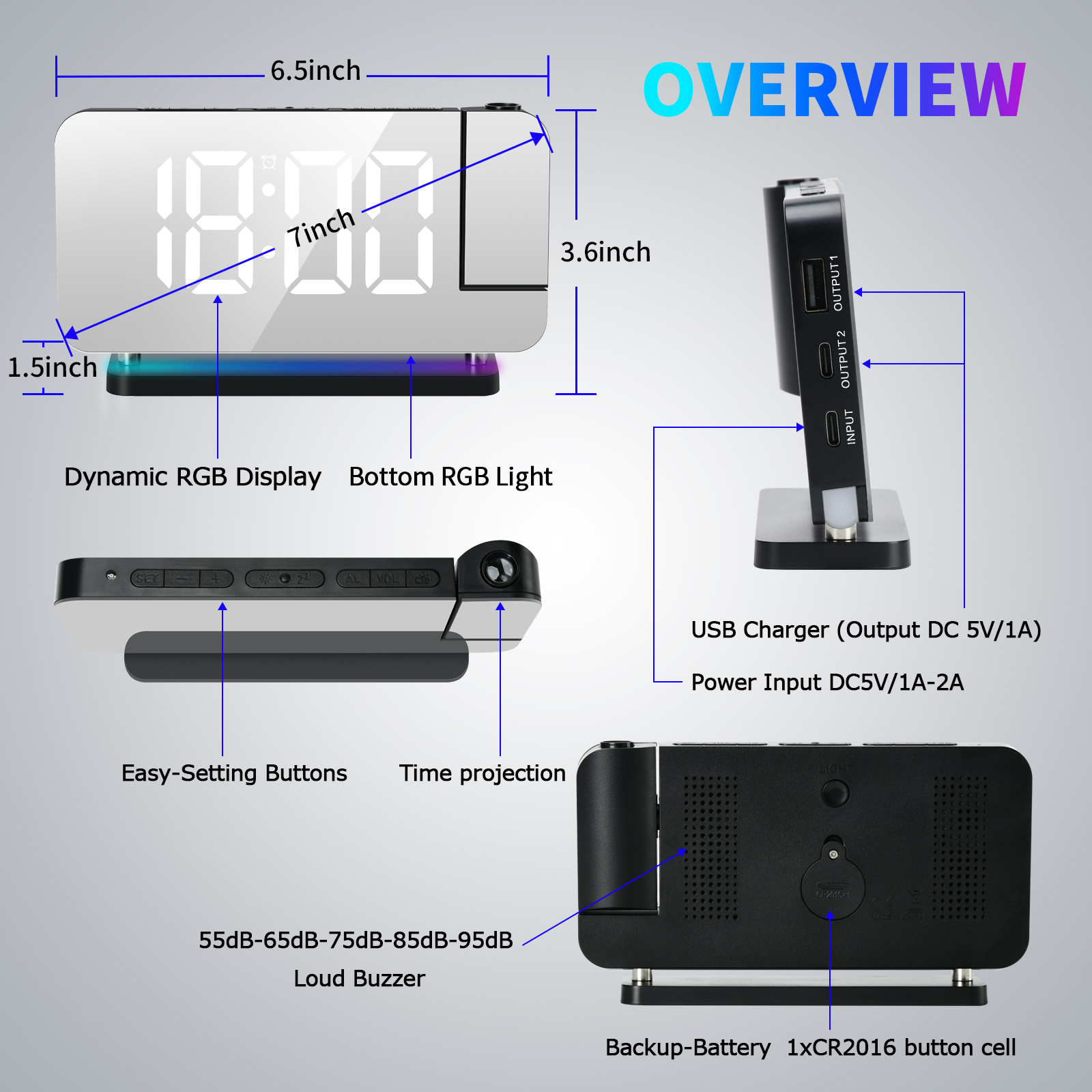 AGSIVOLEDRGBProjectionDigitalAlarmClockwithMirrorSurface10ColorNightLightBrightnessAdjustable1224HFo-1998400-11