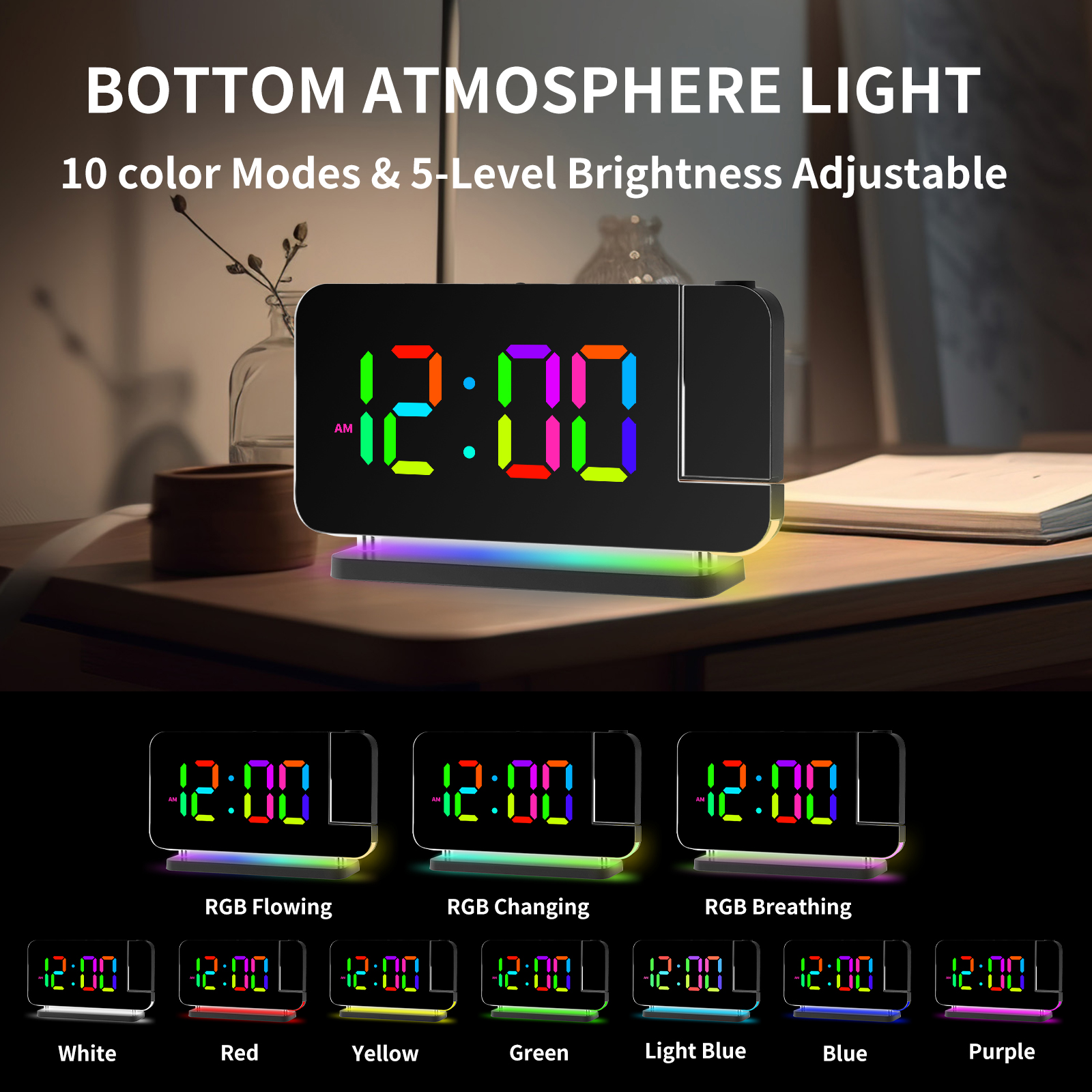 AGSIVOLEDRGBProjectionDigitalAlarmClockwithMirrorSurface10ColorNightLightBrightnessAdjustable1224HFo-1998400-3